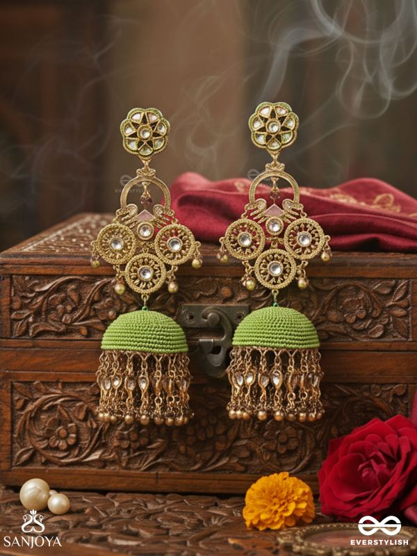 KALANJALI – ART OFFERING – HERITAGE GOLD MIRROR DROP EARRINGS WITH BEAD DOME AND CLUSTER HANGINGS