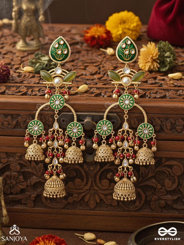 PRAKALYA – PURE ELEGANCE – ARTISANAL GREEN MOTIF DROP EARRINGS WITH RED ACCENTS AND GOLD JHUMKA CHAINS