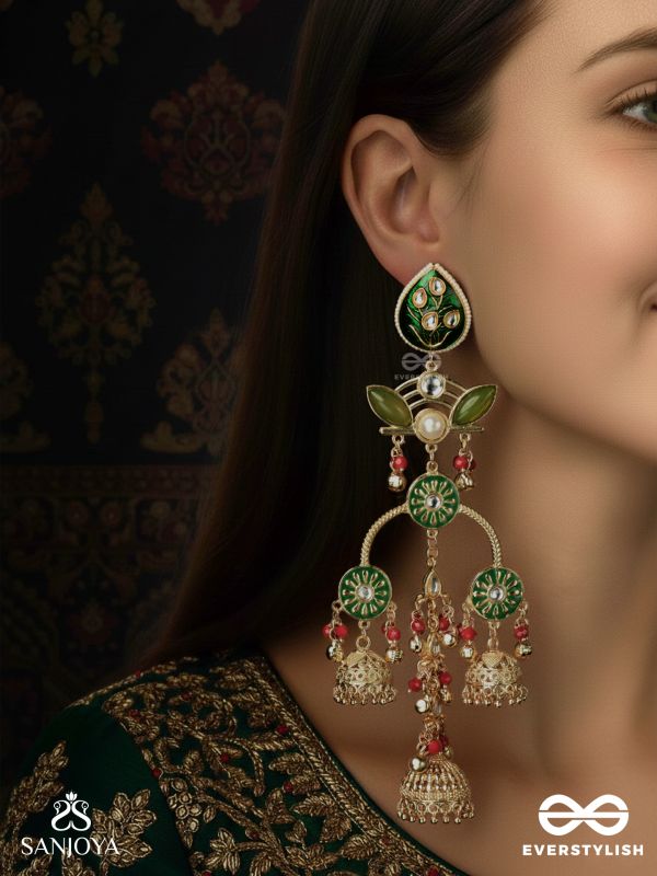 PRAKALYA – PURE ELEGANCE – ARTISANAL GREEN MOTIF DROP EARRINGS WITH RED ACCENTS AND GOLD JHUMKA CHAINS