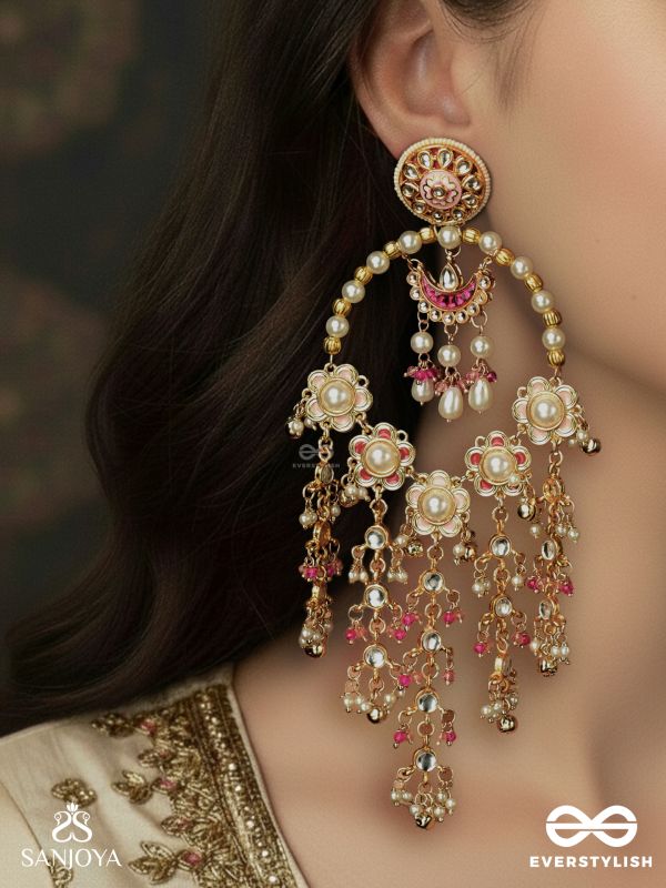 KUSUMANJALI – OFFERING OF BLOOMS – MULTI-TIER FLORAL PEARL EARRINGS WITH PINK BEAD DETAILS