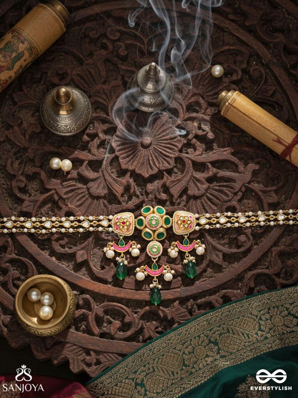 SUVARNALIKA – GOLDEN BLOOM – ORNATE PINK-PEARL CHAND CHOKER NECKLACE WITH MULTIPLE LAYERS