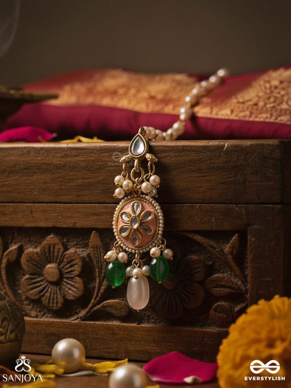 SOMALIKA – MOON BLOOM – GOLD MAANGTIKA WITH PEARL DROP AND EMERALD BEAD ACCENTS