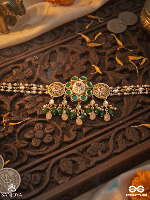 KUNDANMALA – KUNDAN GARLAND – PEARL-CLUSTERED GOLD CHOKER NECKLACE WITH PEARL DROP