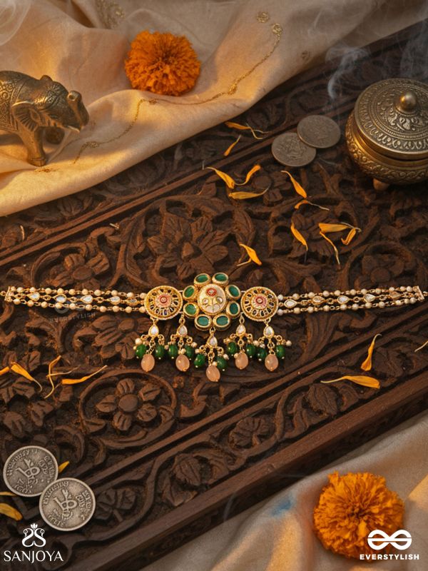 KUNDANMALA – KUNDAN GARLAND – PEARL-CLUSTERED GOLD CHOKER NECKLACE WITH PEARL DROP