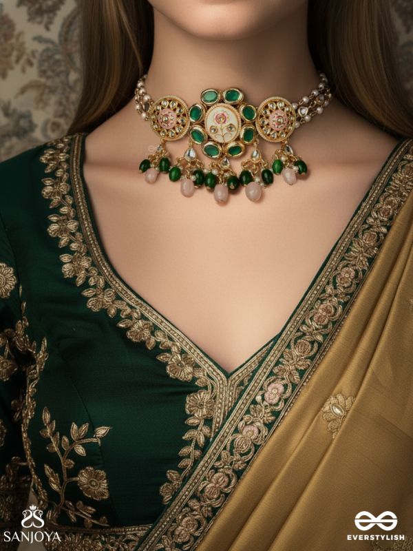 KUNDANMALA – KUNDAN GARLAND – PEARL-CLUSTERED GOLD CHOKER NECKLACE WITH PEARL DROP