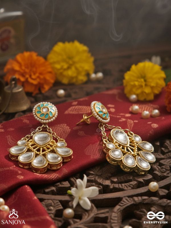 NEELAPRAVA – BLUE SHIMMER – KUNDAN DROP EARRINGS WITH OCEAN-TONED ACCENTS