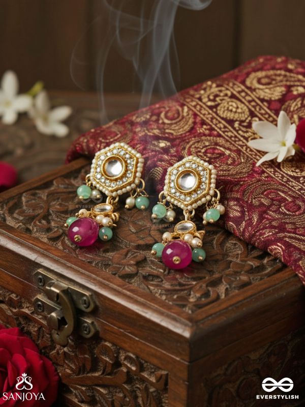TAPANSHRI – BRIGHT RAY – GOLD CUTWORK MOTIF WITH REFLECTIVE STONES AND PINK BEAD EARRINGS