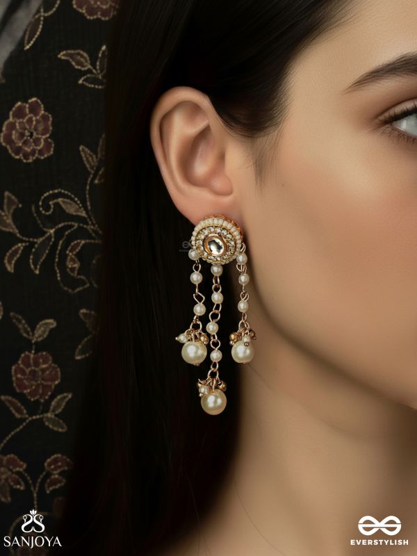 MUKTAVALLI – STRING OF PEARLS – KUNDAN EARRINGS WITH MULTI PEARL CHAINS AND DROPS