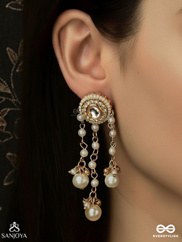 MUKTAVALLI – STRING OF PEARLS – KUNDAN EARRINGS WITH MULTI PEARL CHAINS AND DROPS