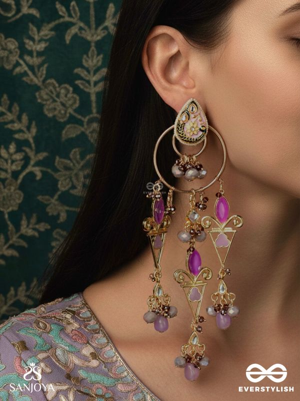 RANGVILASA – CASCADE OF JEWELS – ORNATE KUNDAN EARRINGS WITH PURPLE STONES, PEARL BEADS AND DECORATIVE FRAMES