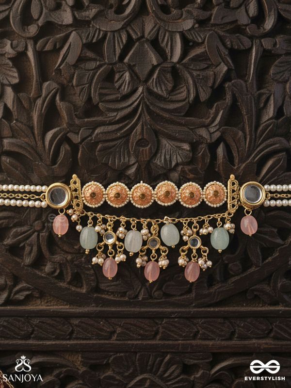 PANKHURI – DELICATE PETALS – KUNDAN CHOKER NECKLACE WITH PINK AND MINT DROP DETAILS
