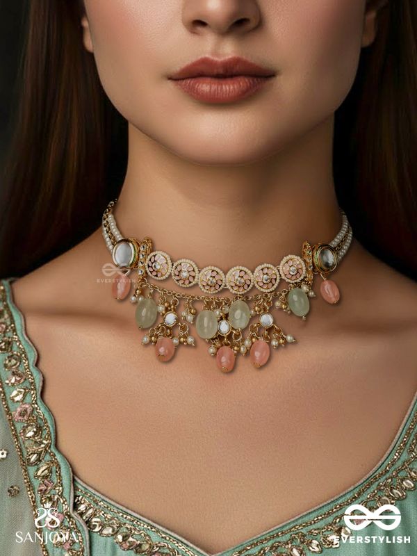 PANKHURI – DELICATE PETALS – KUNDAN CHOKER NECKLACE WITH PINK AND MINT DROP DETAILS