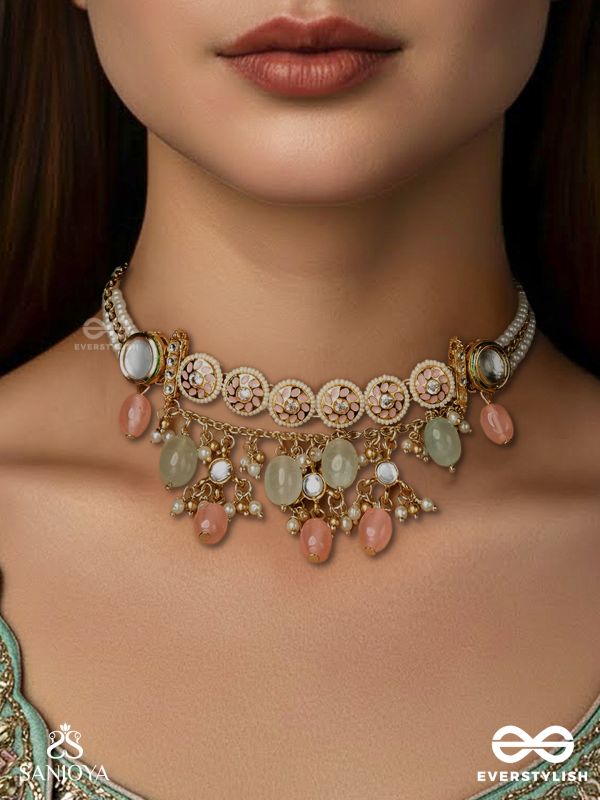 PANKHURI – DELICATE PETALS – KUNDAN CHOKER NECKLACE WITH PINK AND MINT DROP DETAILS