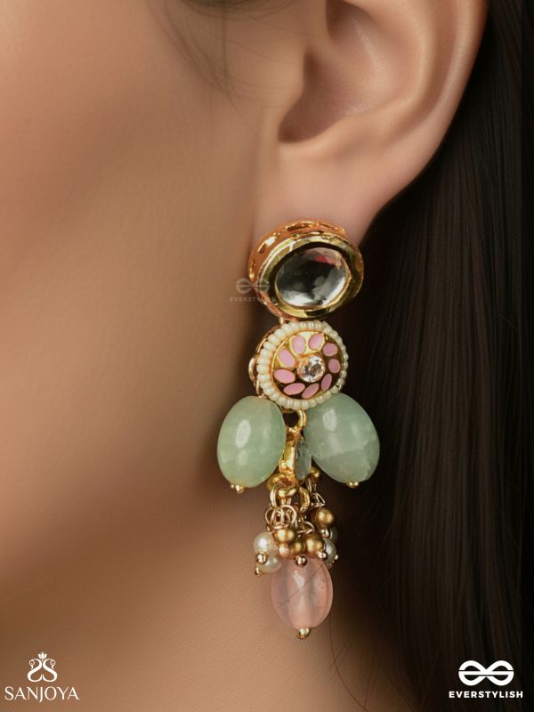 PANKHURI – DELICATE PETALS – KUNDAN EARRINGS WITH PINK AND MINT DROP DETAILS