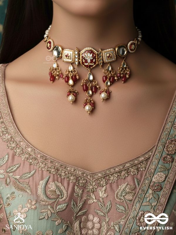 SINDURIMA – SACRED CRIMSON BEAUTY – TRADITIONAL KUNDAN CHOKER NECKLACE WITH RED ACCENTS AND PEARL HANGINGS
