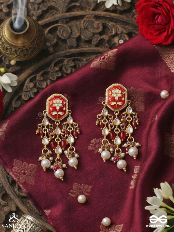 SINDURIMA – SACRED CRIMSON BEAUTY – TRADITIONAL KUNDAN EARRINGS WITH RED ACCENTS AND PEARL HANGINGS