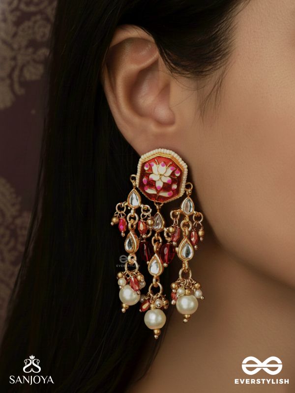 SINDURIMA – SACRED CRIMSON BEAUTY – TRADITIONAL KUNDAN EARRINGS WITH RED ACCENTS AND PEARL HANGINGS