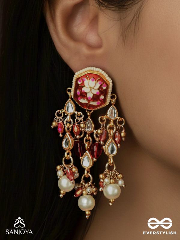 SINDURIMA – SACRED CRIMSON BEAUTY – TRADITIONAL KUNDAN EARRINGS WITH RED ACCENTS AND PEARL HANGINGS