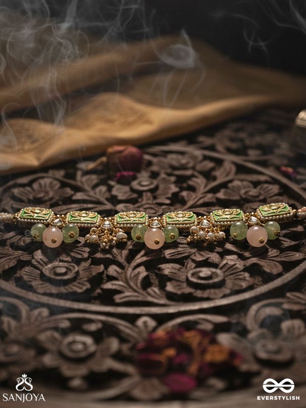 MRIDULIKA – BLOSSOMED GRACE – LOTUS MOTIF KUNDAN CHOKER NECKLACE WITH PASTEL GREEN ENAMEL, PEARL CLUSTERS AND SOFT PINK DROPS