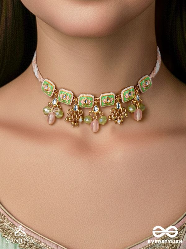 MRIDULIKA – BLOSSOMED GRACE – LOTUS MOTIF KUNDAN CHOKER NECKLACE WITH PASTEL GREEN ENAMEL, PEARL CLUSTERS AND SOFT PINK DROPS