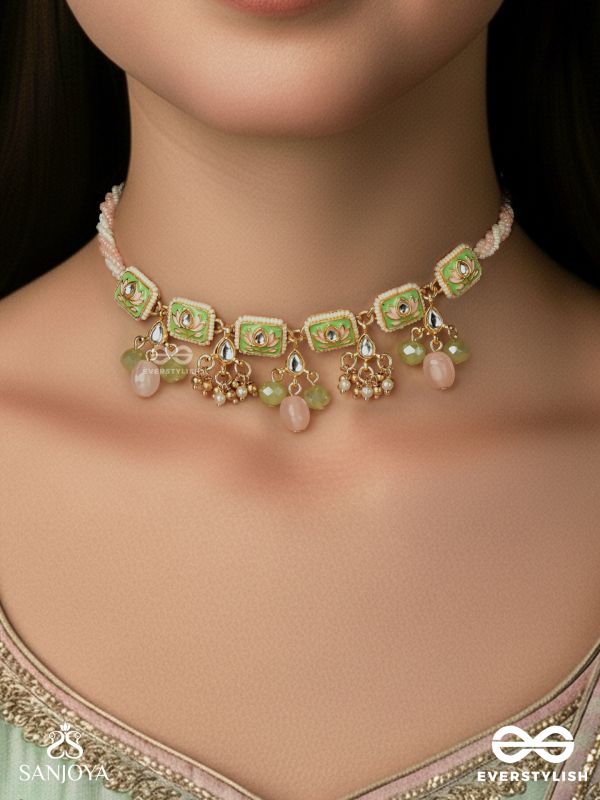 MRIDULIKA – BLOSSOMED GRACE – LOTUS MOTIF KUNDAN CHOKER NECKLACE WITH PASTEL GREEN ENAMEL, PEARL CLUSTERS AND SOFT PINK DROPS