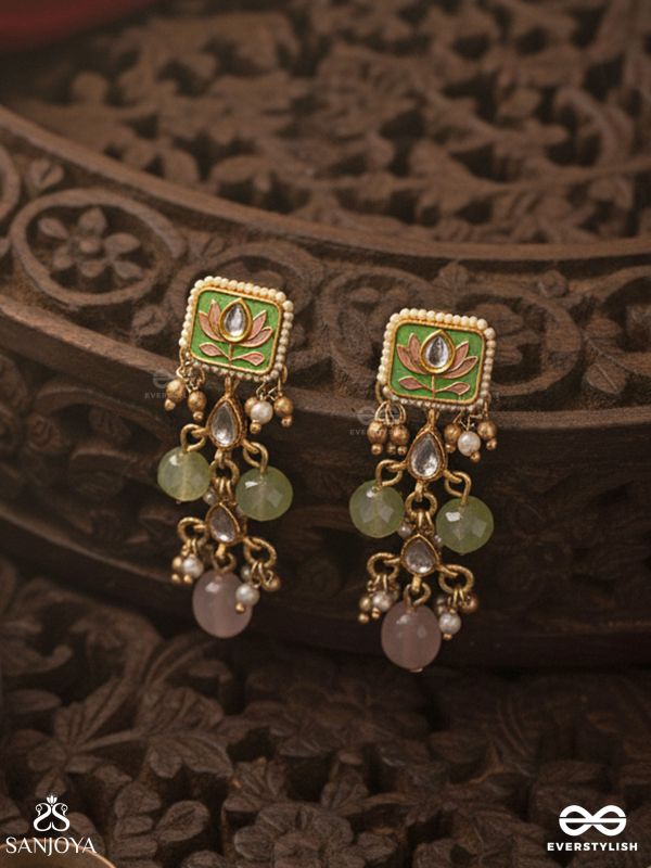 MRIDULIKA – BLOSSOMED GRACE – LOTUS MOTIF KUNDAN EARRINGS WITH PASTEL GREEN ENAMEL, PEARL CLUSTERS AND SOFT PINK DROPS