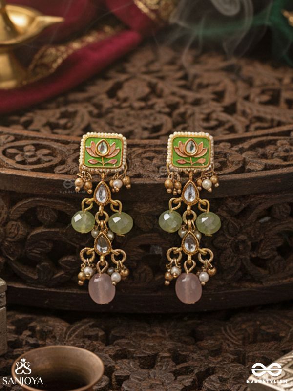 MRIDULIKA – BLOSSOMED GRACE – LOTUS MOTIF KUNDAN EARRINGS WITH PASTEL GREEN ENAMEL, PEARL CLUSTERS AND SOFT PINK DROPS