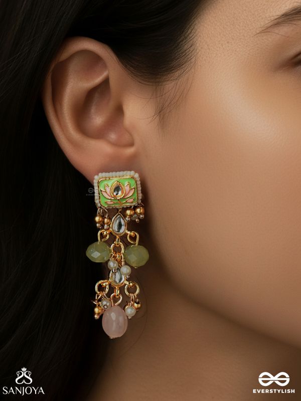 MRIDULIKA – BLOSSOMED GRACE – LOTUS MOTIF KUNDAN EARRINGS WITH PASTEL GREEN ENAMEL, PEARL CLUSTERS AND SOFT PINK DROPS