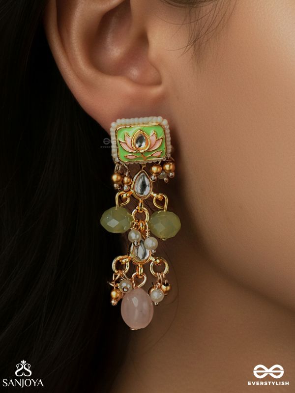 MRIDULIKA – BLOSSOMED GRACE – LOTUS MOTIF KUNDAN EARRINGS WITH PASTEL GREEN ENAMEL, PEARL CLUSTERS AND SOFT PINK DROPS
