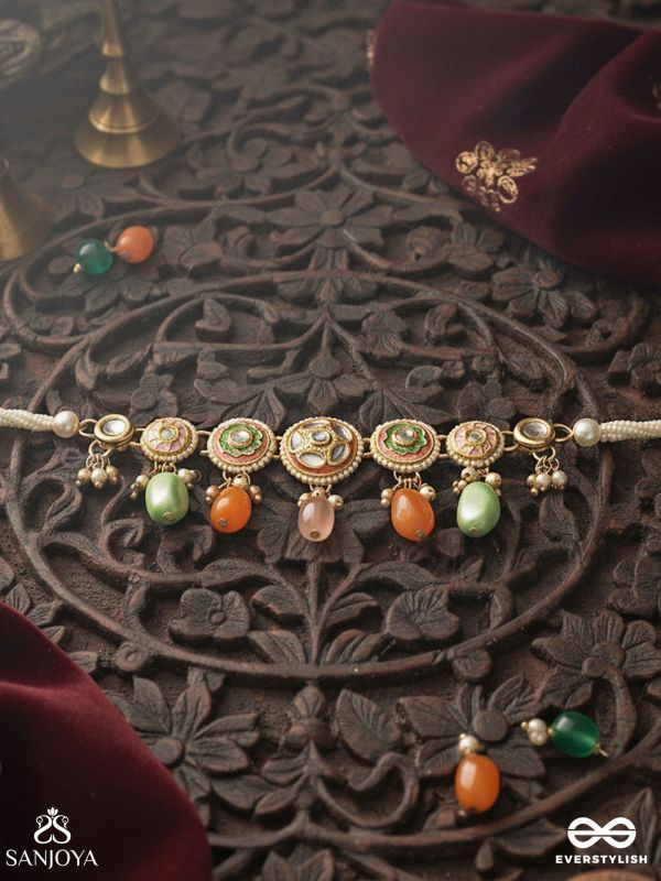 VARNAKANTI – RADIANT COLOURS – GOLD KUNDAN CHOKER NECKLACE WITH MULTI-TONED STONE DROPS