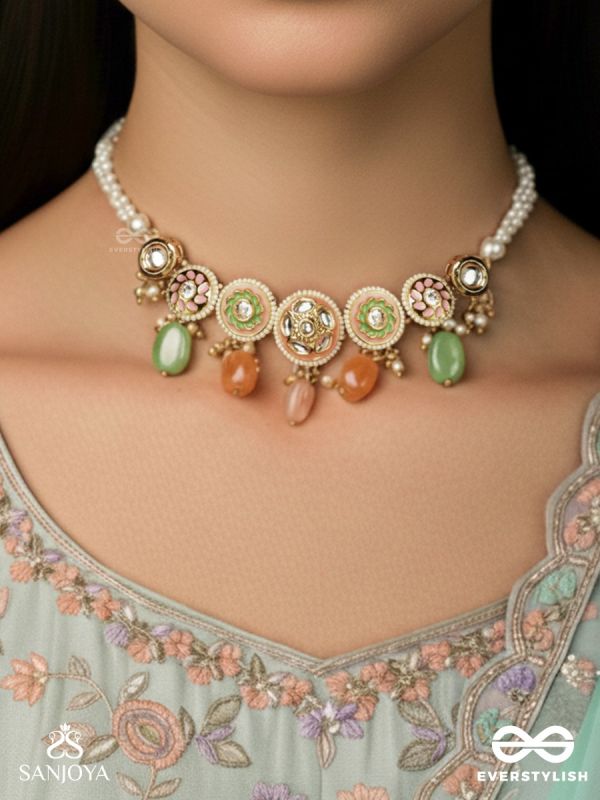VARNAKANTI – RADIANT COLOURS – GOLD KUNDAN CHOKER NECKLACE WITH MULTI-TONED STONE DROPS