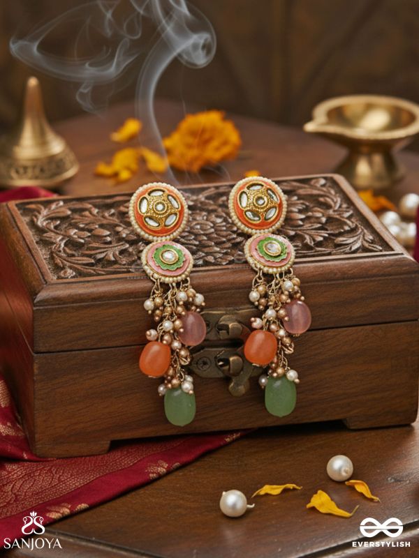 VARNAKANTI – RADIANT COLOURS – GOLD KUNDAN EARRINGS WITH MULTI-TONED STONE DROPS