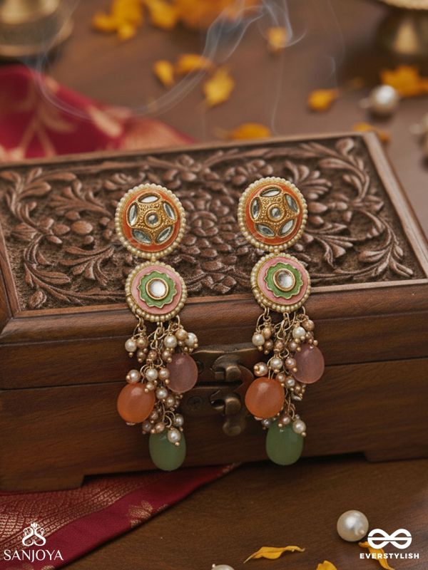 VARNAKANTI – RADIANT COLOURS – GOLD KUNDAN EARRINGS WITH MULTI-TONED STONE DROPS