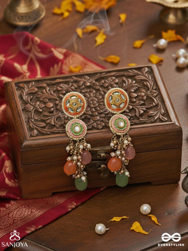 VARNAKANTI – RADIANT COLOURS – GOLD KUNDAN EARRINGS WITH MULTI-TONED STONE DROPS