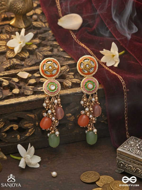 VARNAKANTI – RADIANT COLOURS – GOLD KUNDAN EARRINGS WITH MULTI-TONED STONE DROPS