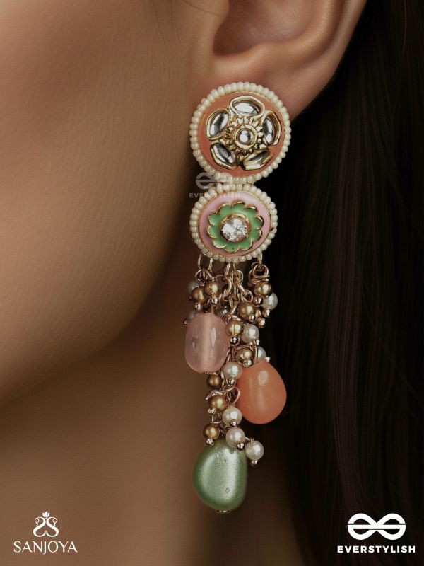 VARNAKANTI – RADIANT COLOURS – GOLD KUNDAN EARRINGS WITH MULTI-TONED STONE DROPS
