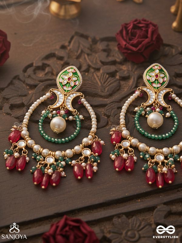 ALANKRITA – ORNAMENTAL DETAIL – ORNATE KUNDAN HOOP EARRINGS WITH FLORAL ENAMEL TOP, PEARL CIRCLE AND COLOURED DROP BEADS