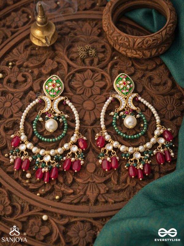 ALANKRITA – ORNAMENTAL DETAIL – ORNATE KUNDAN HOOP EARRINGS WITH FLORAL ENAMEL TOP, PEARL CIRCLE AND COLOURED DROP BEADS