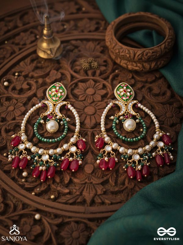 ALANKRITA – ORNAMENTAL DETAIL – ORNATE KUNDAN HOOP EARRINGS WITH FLORAL ENAMEL TOP, PEARL CIRCLE AND COLOURED DROP BEADS