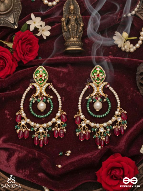 ALANKRITA – ORNAMENTAL DETAIL – ORNATE KUNDAN HOOP EARRINGS WITH FLORAL ENAMEL TOP, PEARL CIRCLE AND COLOURED DROP BEADS