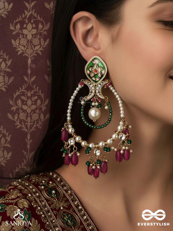 ALANKRITA – ORNAMENTAL DETAIL – ORNATE KUNDAN HOOP EARRINGS WITH FLORAL ENAMEL TOP, PEARL CIRCLE AND COLOURED DROP BEADS