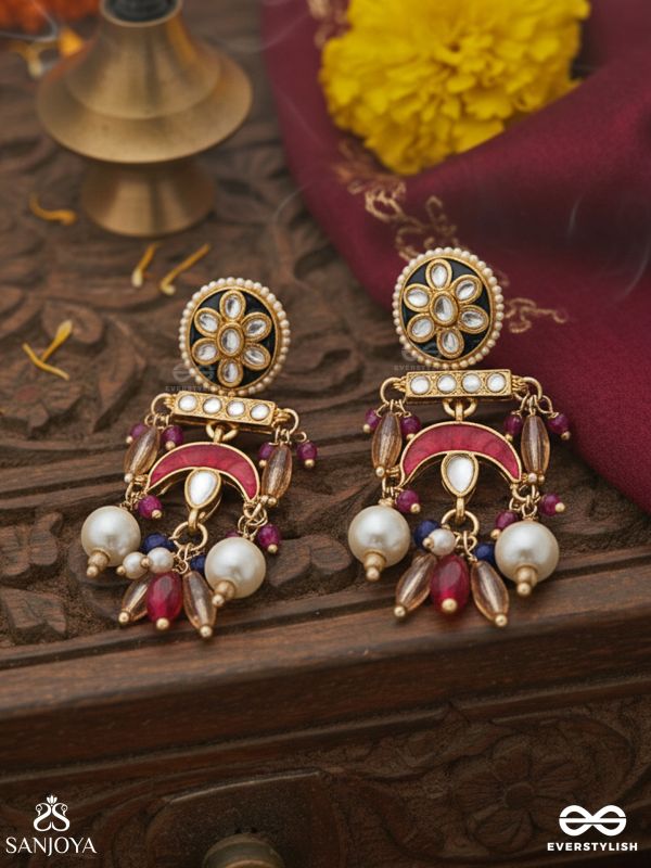 MANIRAJANI – QUEEN OF GEMS – STATEMENT KUNDAN EARRINGS WITH MULTI-CHAIN DESIGN AND PEARL DROPS