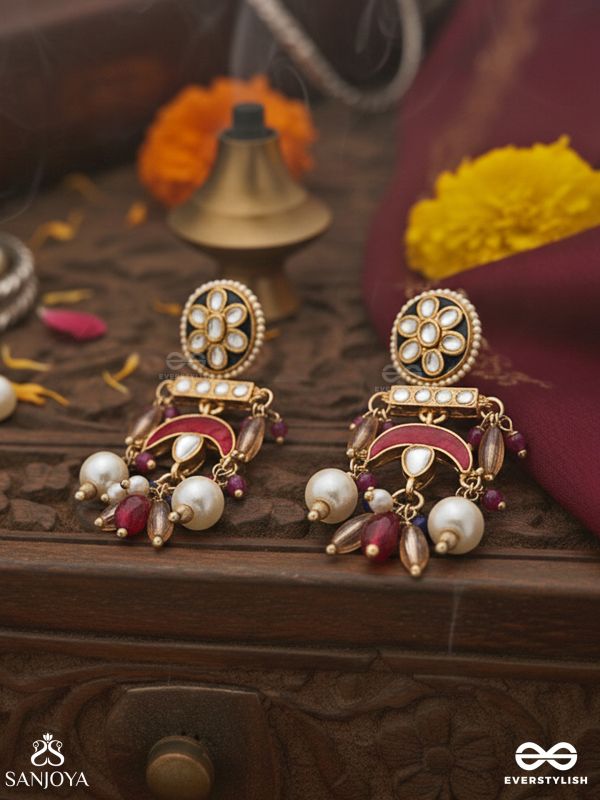 MANIRAJANI – QUEEN OF GEMS – STATEMENT KUNDAN EARRINGS WITH MULTI-CHAIN DESIGN AND PEARL DROPS