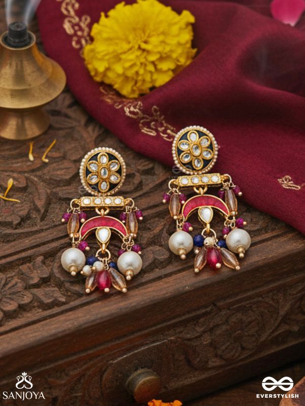 MANIRAJANI – QUEEN OF GEMS – STATEMENT KUNDAN EARRINGS WITH MULTI-CHAIN DESIGN AND PEARL DROPS