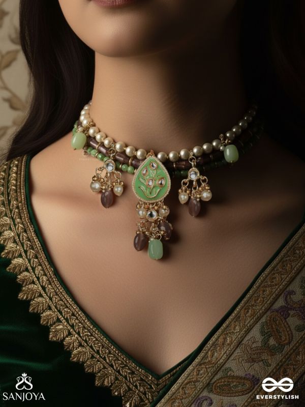 HARITIKA – GRACE OF GREEN – KUNDAN CHOKER NECKLACE WITH GREEN STONE ACCENTS AND PEARL DROPS