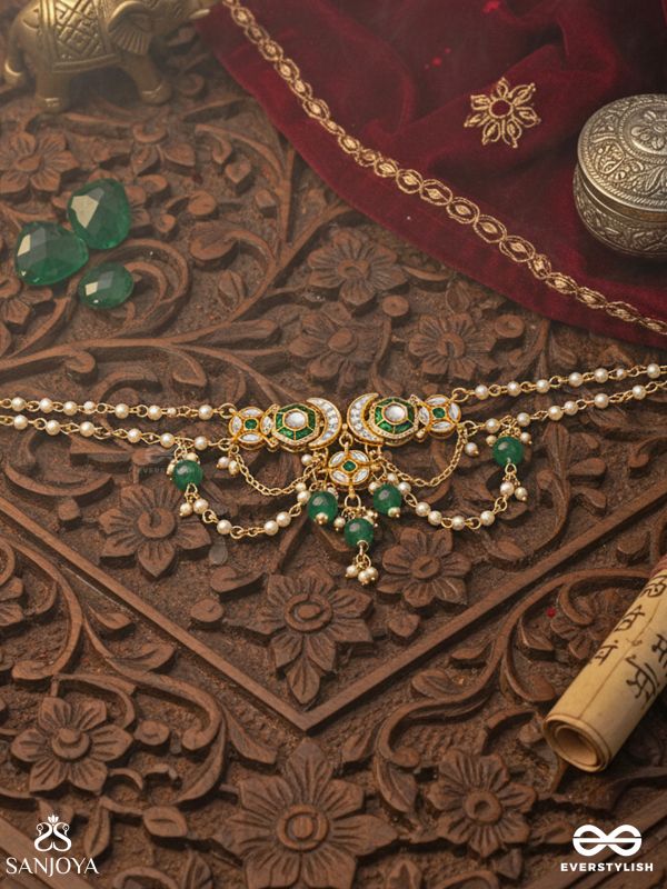HARITSHRINGA – ORNAMENT OF GREEN GRACE – KUNDAN NECKLACE WITH EMERALD STONE CENTRES, DRAPED CHAINS AND GREEN BEAD DROPS