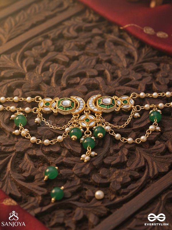 HARITSHRINGA – ORNAMENT OF GREEN GRACE – KUNDAN NECKLACE WITH EMERALD STONE CENTRES, DRAPED CHAINS AND GREEN BEAD DROPS