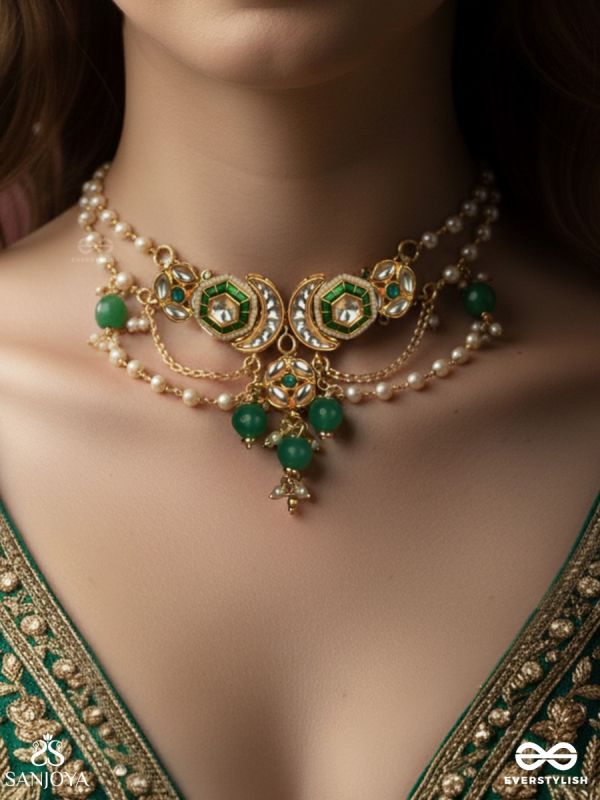 HARITSHRINGA – ORNAMENT OF GREEN GRACE – KUNDAN NECKLACE WITH EMERALD STONE CENTRES, DRAPED CHAINS AND GREEN BEAD DROPS