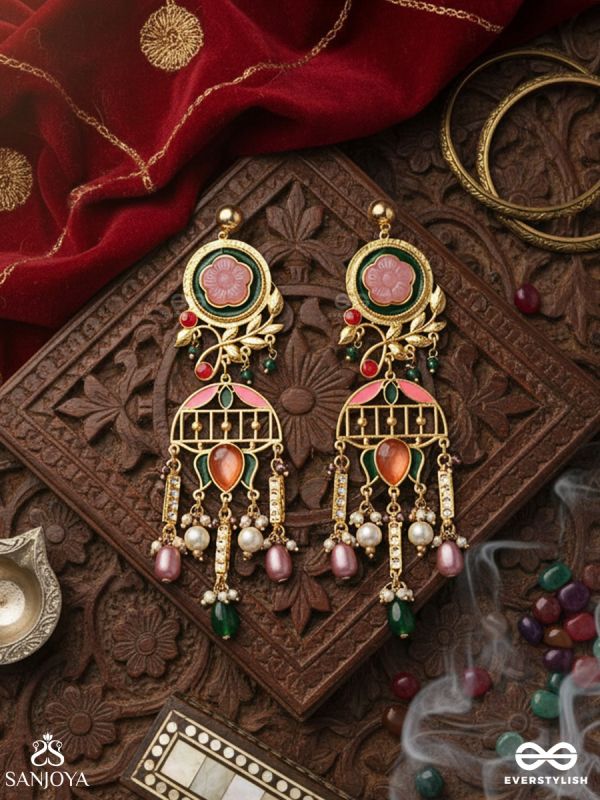 PANKHURIMA – PETALS IN MOTION – STATEMENT DROP EARRING WITH LOTUS-STYLE ENAMEL DETAILING AND MULTI-BEAD HANGINGS