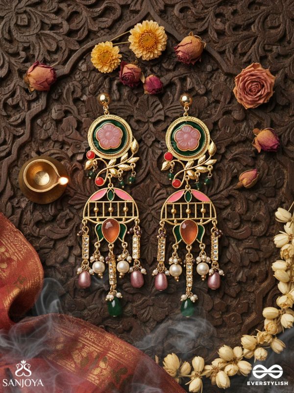 PANKHURIMA – PETALS IN MOTION – STATEMENT DROP EARRING WITH LOTUS-STYLE ENAMEL DETAILING AND MULTI-BEAD HANGINGS